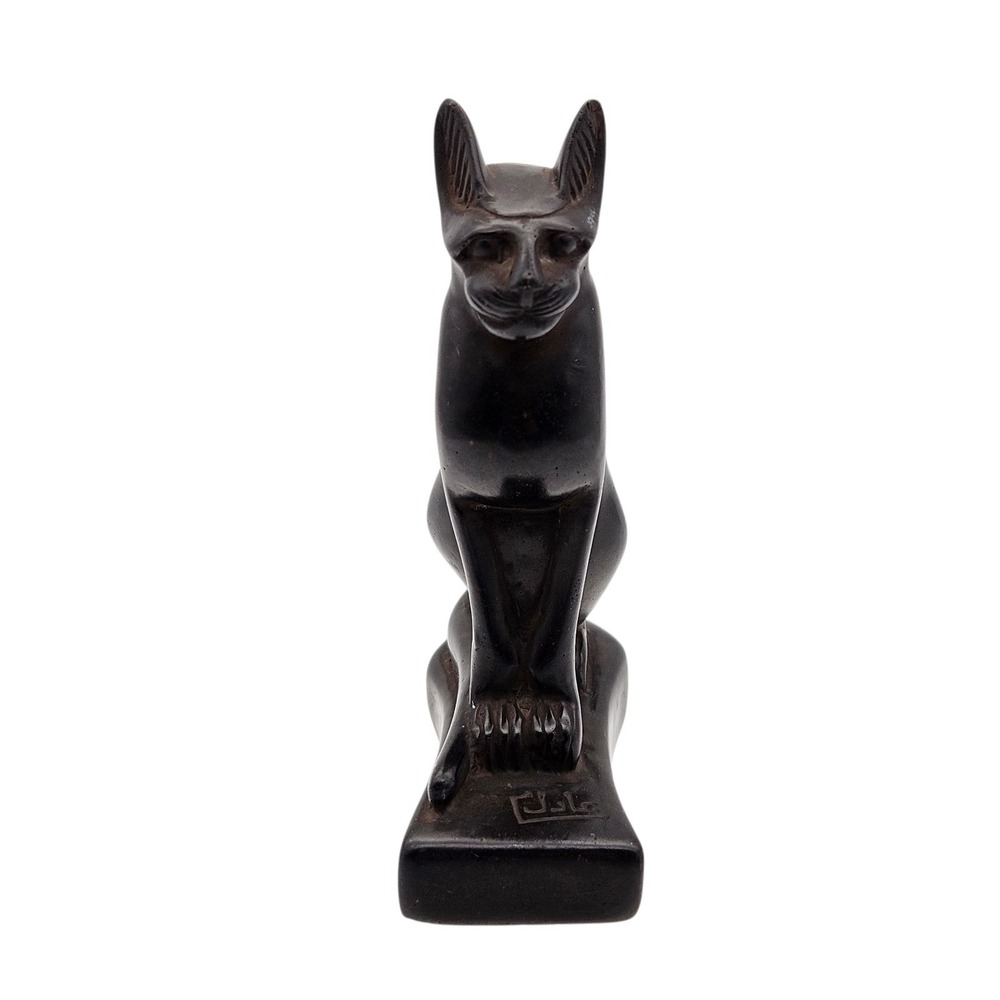 VTG Stone Egyptian Bastet Cat Statue Figurine Black Hand Carved Signed 3.75"